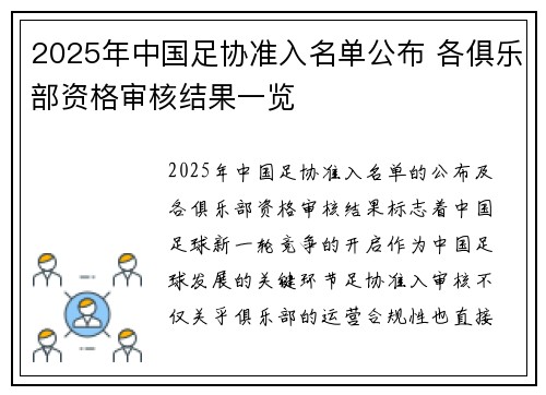 2025年中国足协准入名单公布 各俱乐部资格审核结果一览