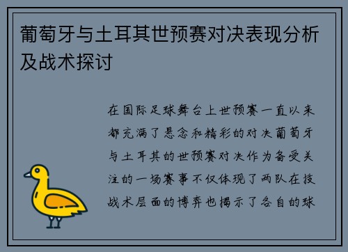 葡萄牙与土耳其世预赛对决表现分析及战术探讨